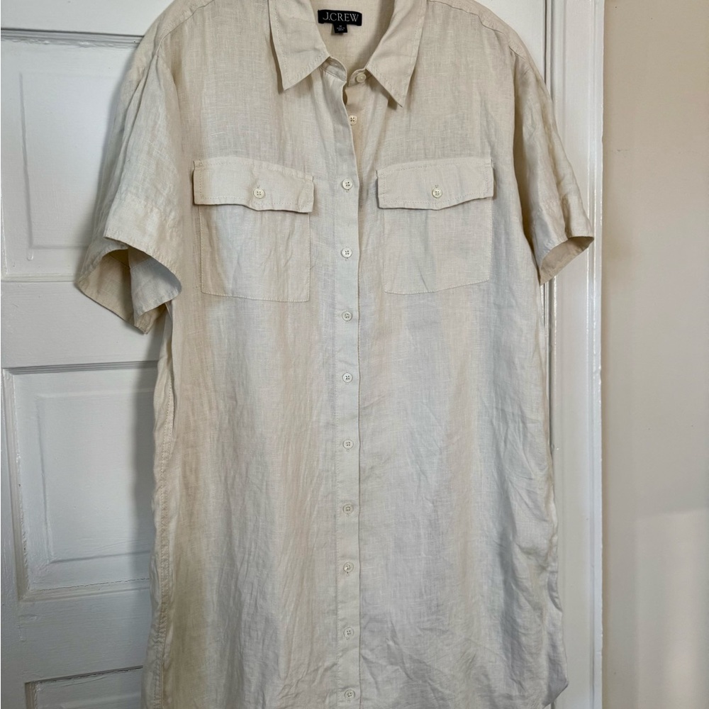 J. Crew Cream Linen Button-Down Short Sleeve Sress